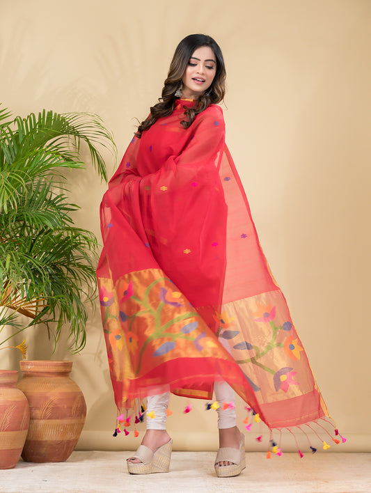 Coral Red | Handloom Jamdani Muslin Unstitched 2-Piece Kurti | Paithani Design