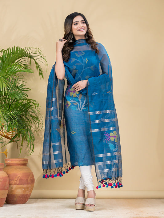 River Blue | Handloom Jamdani Muslin Unstitched 2-Piece Kurti | Classic Design