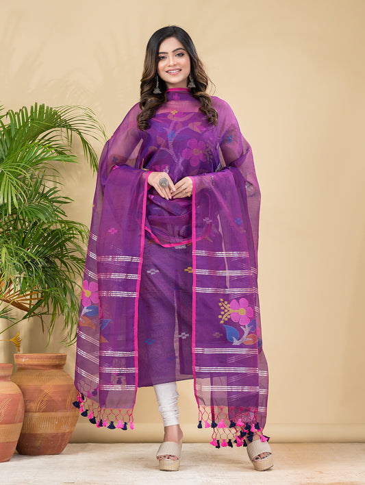 Royal Amethyst | Handloom Jamdani Muslin Unstitched 2-Piece Kurti | Classic Design