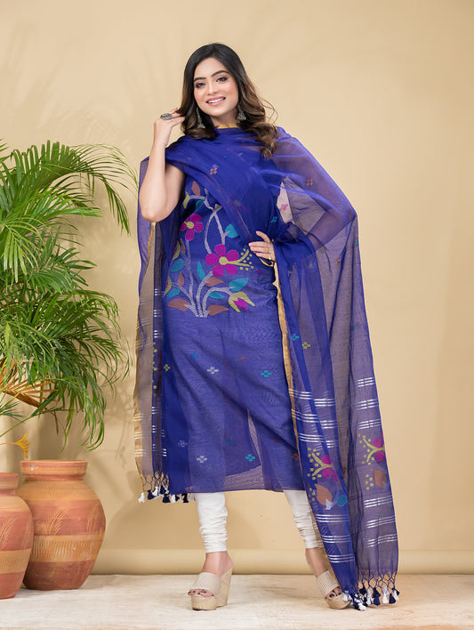 Cobalt Blue | Handloom Jamdani Muslin Unstitched 2-Piece Kurti | Classic Design