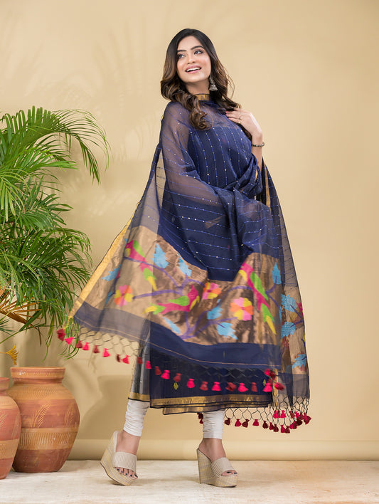 Deep Slate | Handloom Jamdani Muslin Unstitched 2-Piece Kurti | Paithani Design