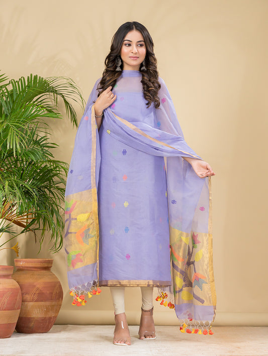 Periwinkle Blue | Handloom Jamdani Muslin Unstitched 2-Piece Kurti | Paithani Design