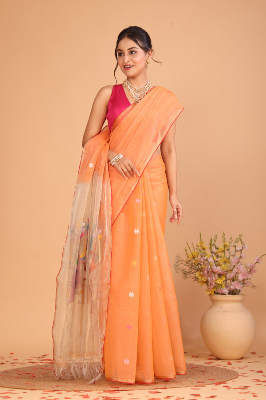 Handwoven Pure Jamdani Silk Cotton Saree | Tomato Red