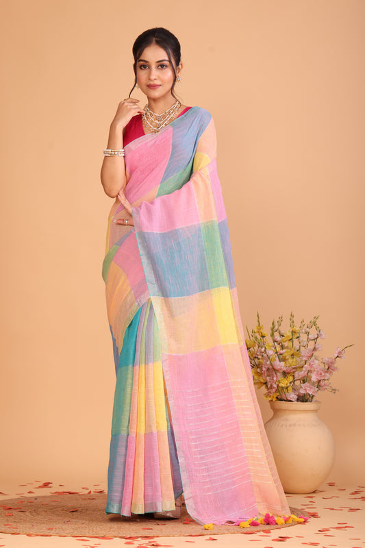 Linen Checks Saree With Blue Pink Yellow - 109