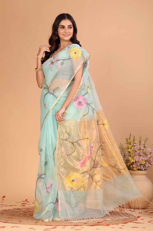Handwoven Pure Jamdani Cotton Silk Saree | Seafoam Teal