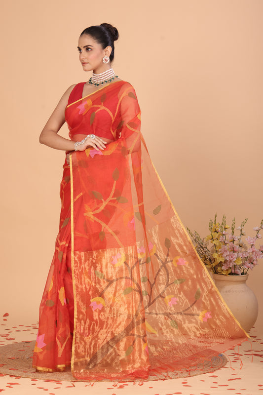 Muslin Tissue Jamdani Saree With Imperial Red - 127