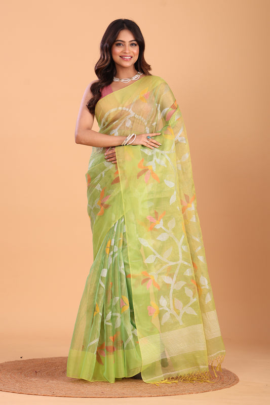 Handwoven Pure Jamdani Silk Saree | Lime Green