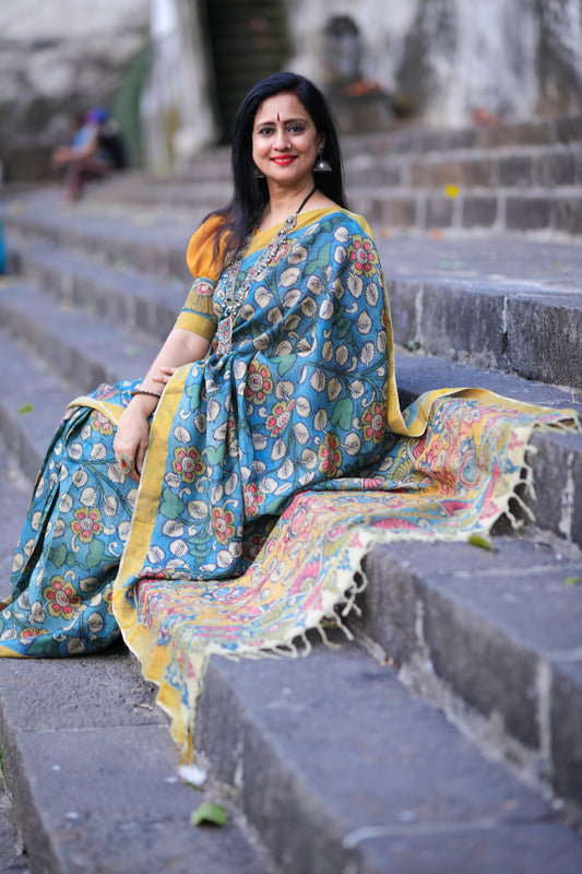 Traditional Handpainted Pen Kalamkari Tussar Silk Saree | Peacock Teal