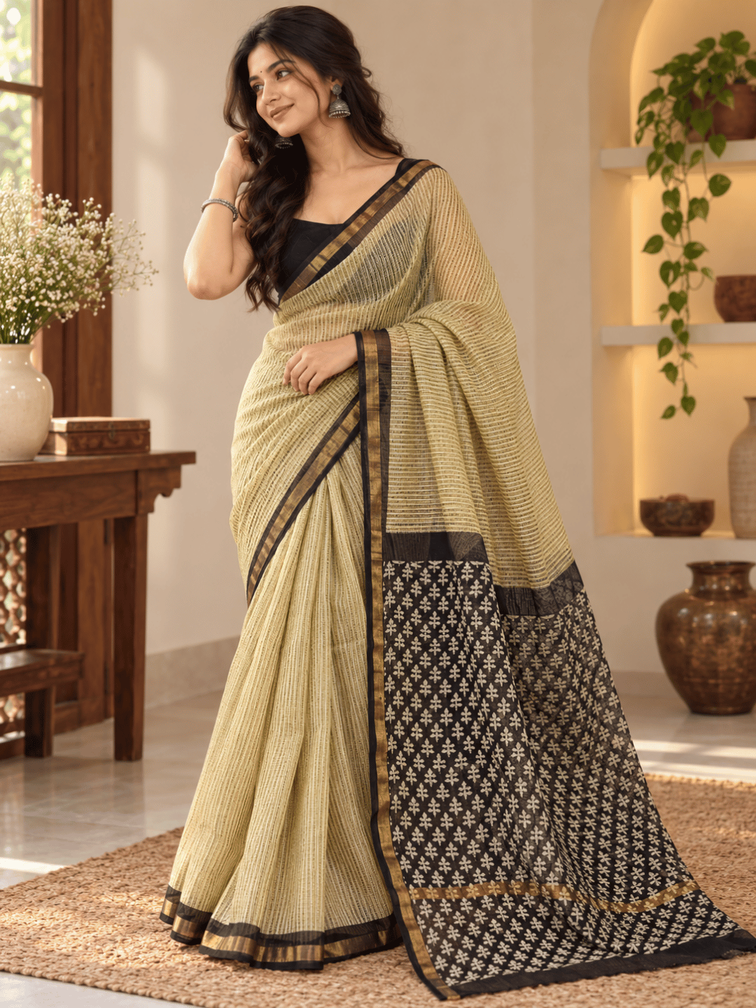 Classic Kota Doria Cotton Saree | Beige