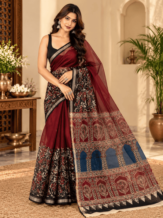 Classic Kota Doria Cotton Saree | Red