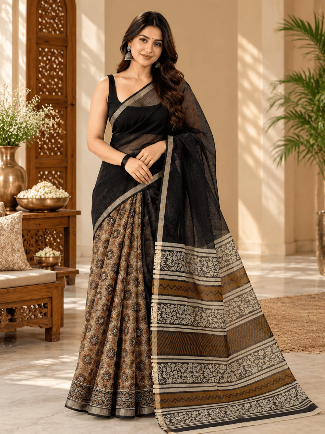Classic Kota Doria Cotton Saree | Black