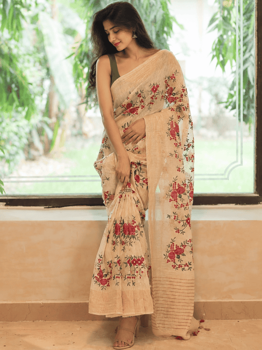 Limited Edit Embroidered Linen Saree | Beige