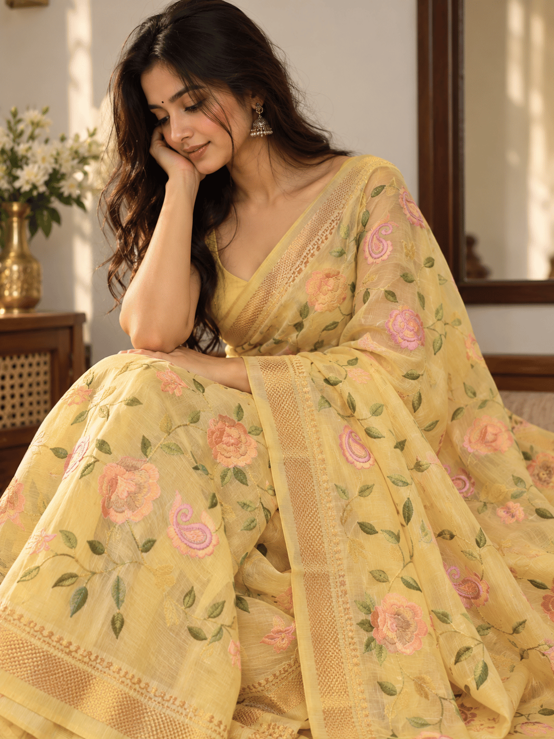 Limited Edit Embroidered Linen Saree | Yellow