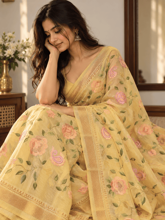 Limited Edit Embroidered Linen Saree | Yellow