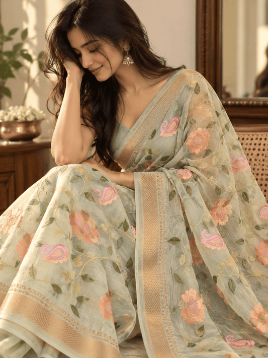 Limited Edit Embroidered Linen Saree | Green