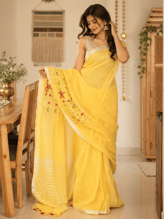 Limited Edit Embroidered Linen Saree | Yellow