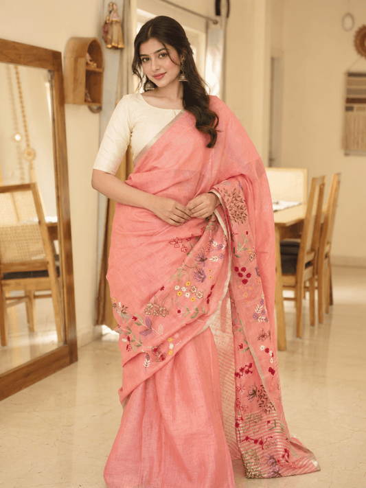 Limited Edit Embroidered Linen Saree | Orange