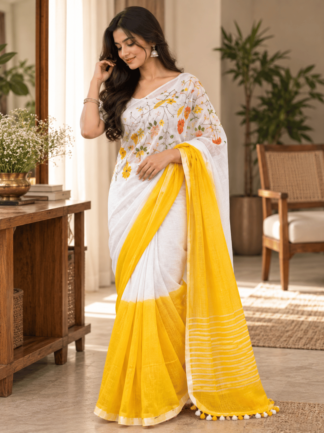 Limited Edit Embroidered Linen Saree | White