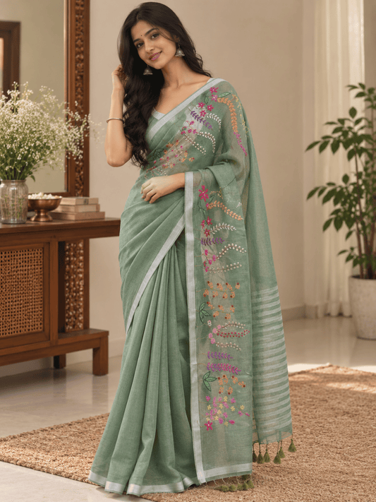 Limited Edit Embroidered Linen Saree | Green