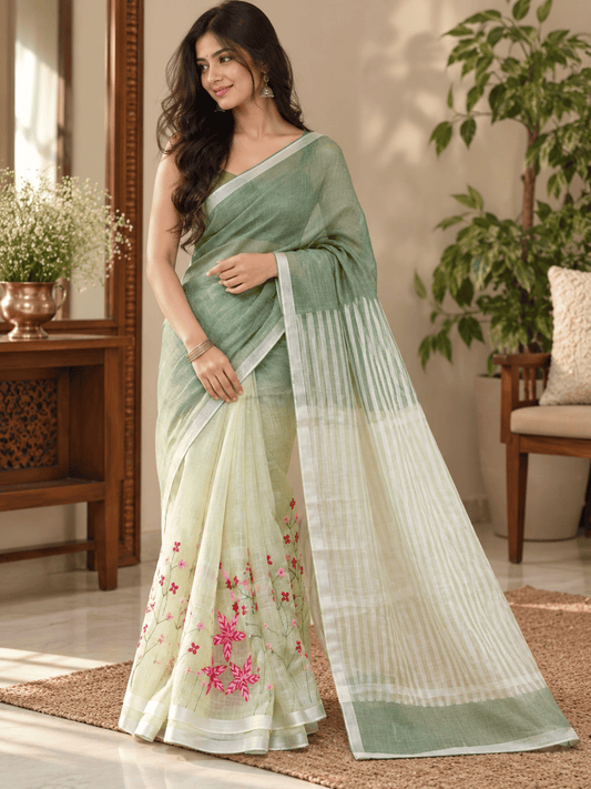 Limited Edit Embroidered Linen Saree | Green