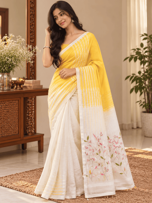 Limited Edit Embroidered Linen Saree | Yellow