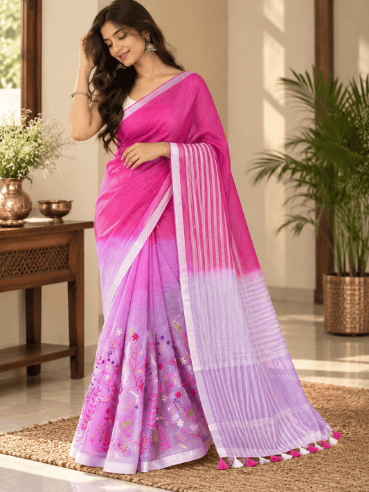 Limited Edit Embroidered Linen Saree | Pink