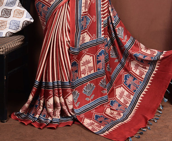 Ajrakh Hand Block Printed Modal Saree With Tassels-AHJ-011