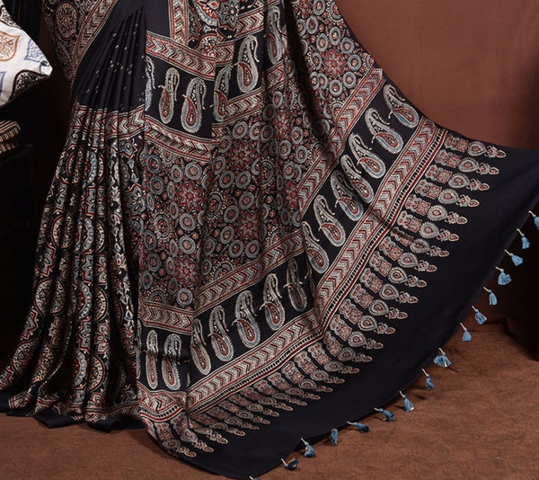 Ajrakh Hand Block Printed Modal Saree With Tassels-AHJ-010