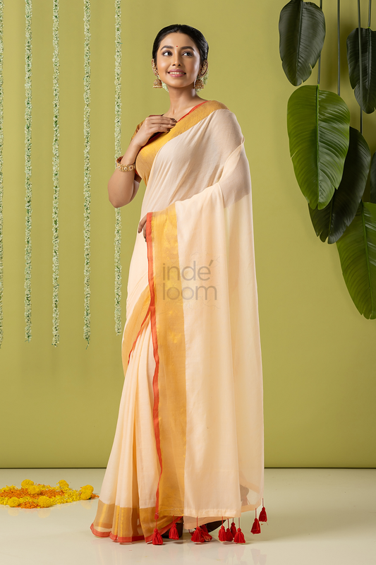 Pure Handloom Cotton Saree | White and Gold | Plain Body with Ribbon border