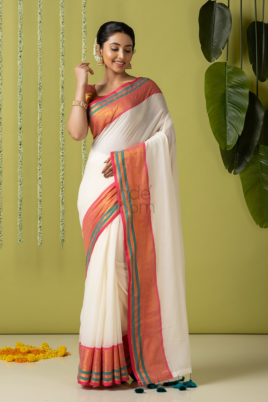 Pure Handloom Cotton Saree | White and Red | Plain Body with Ribbon border
