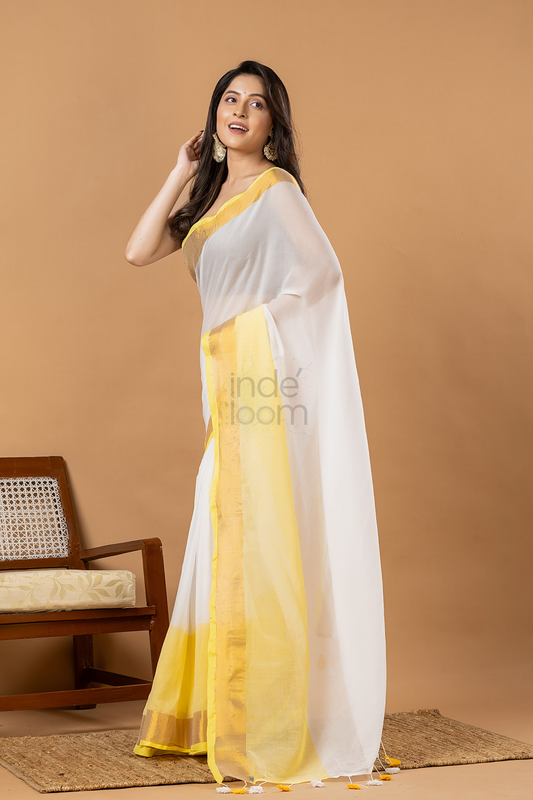 Pure Handloom Cotton Saree | White and Yellow | Plain Body with Ribbon border