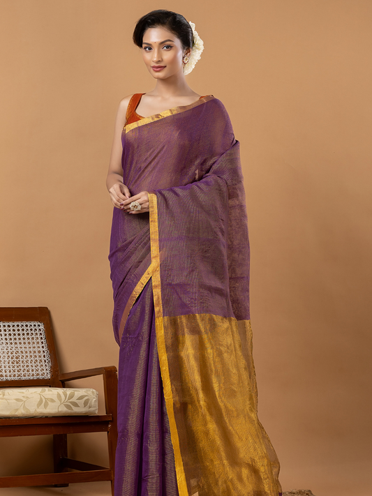 Pure Handloom Silk Tissue Linen Saree | Mauve Purple