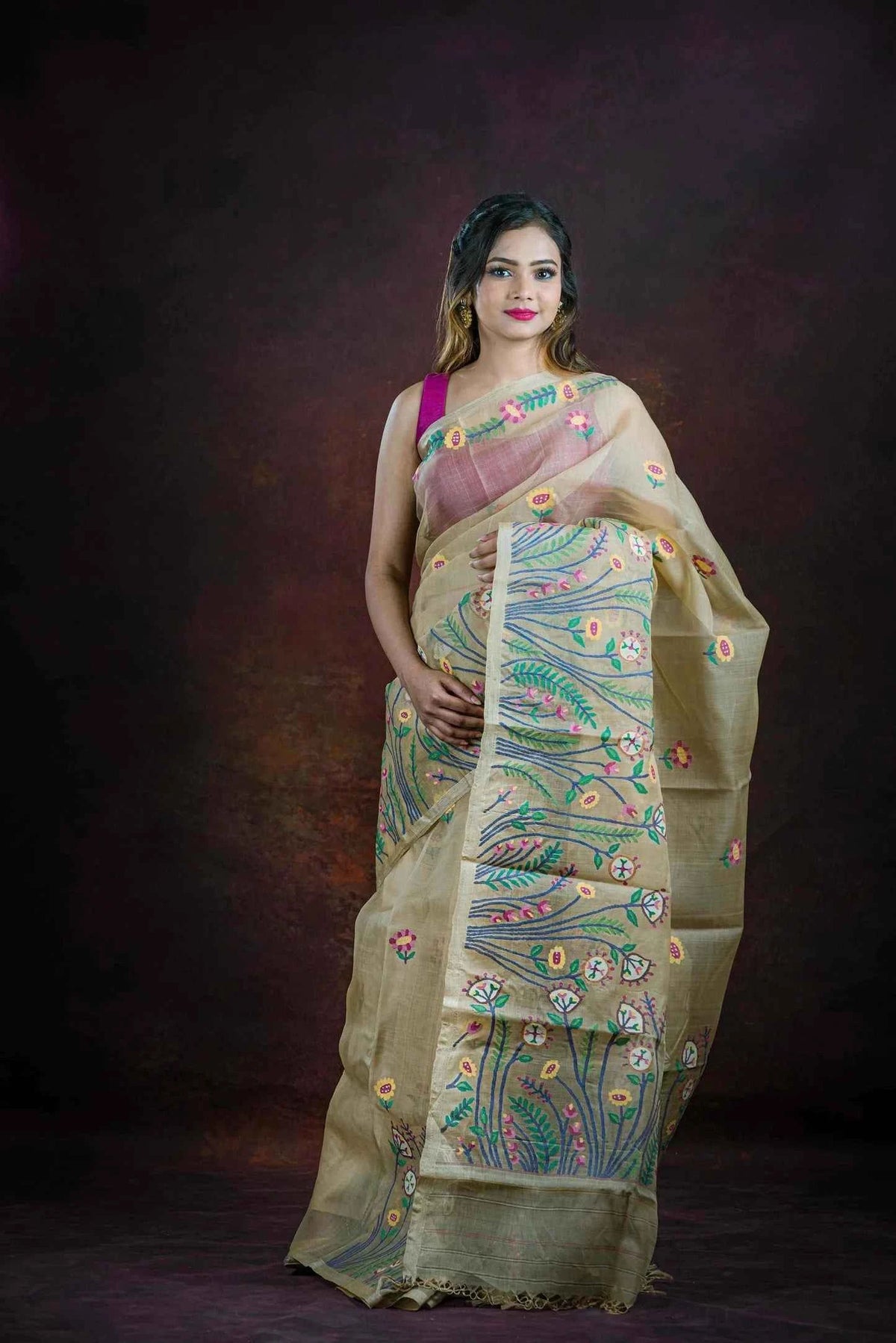 Handwoven Pure Jamdani Muslin Saree | Sand Beige