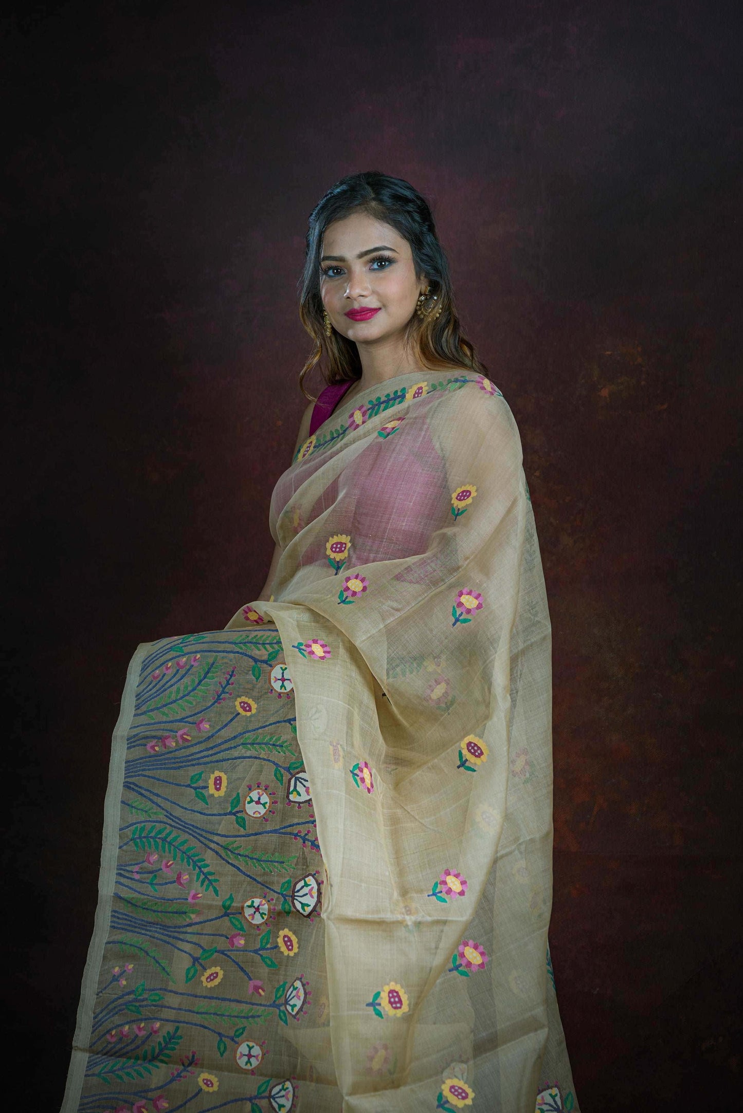 Beige Multicolor Floral Garden Jamdani Silk Saree(Pre-Order)-038 - indeloom