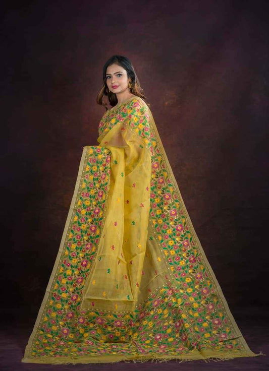 Handwoven Pure Jamdani Muslin Saree | Golden Yellow