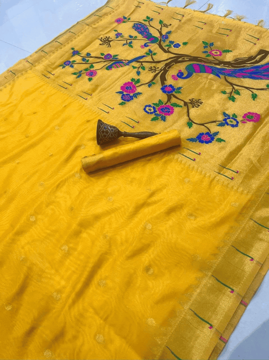 Traditional Paithani Semi Silk Saree | Yellow