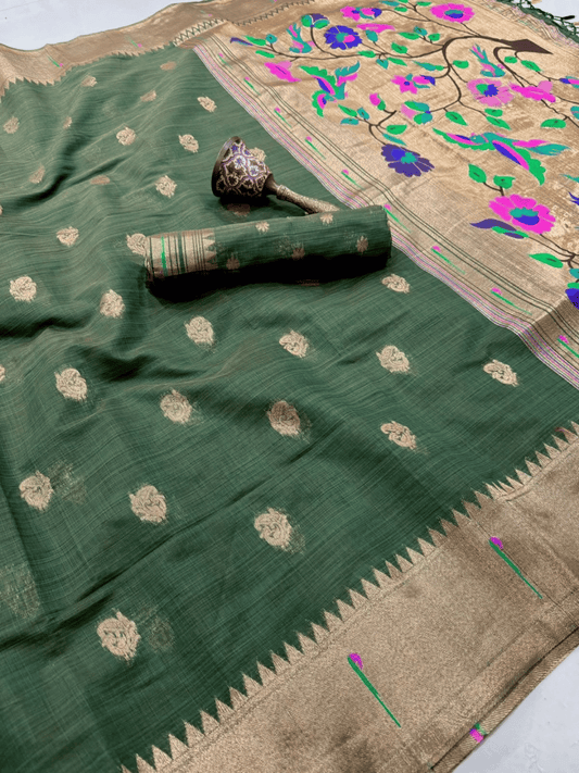 Traditional Paithani Semi Silk Saree | Green