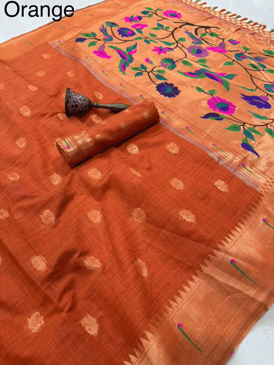 Traditional Paithani Semi Silk Saree | Orange