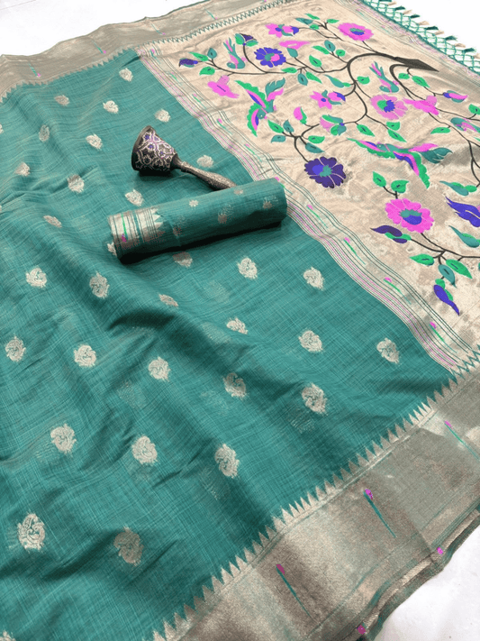 Traditional Paithani Semi Silk Saree | Green