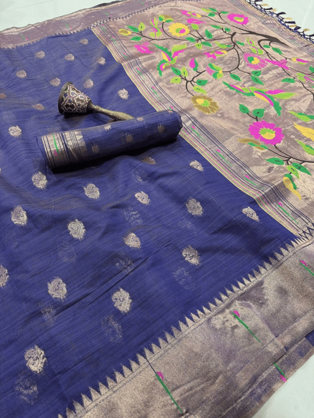 Traditional Paithani Semi Silk Saree | Navy