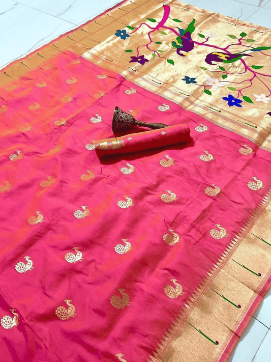 Traditional Paithani Semi Silk Saree | Pink
