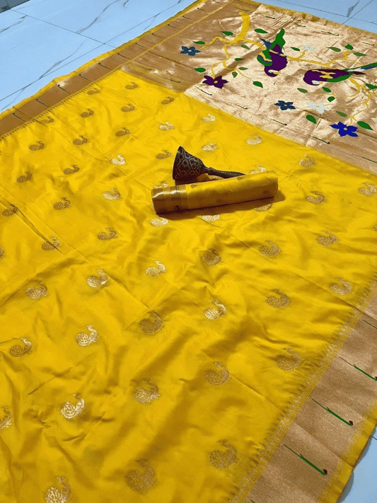 Traditional Paithani Semi Silk Saree | Yellow