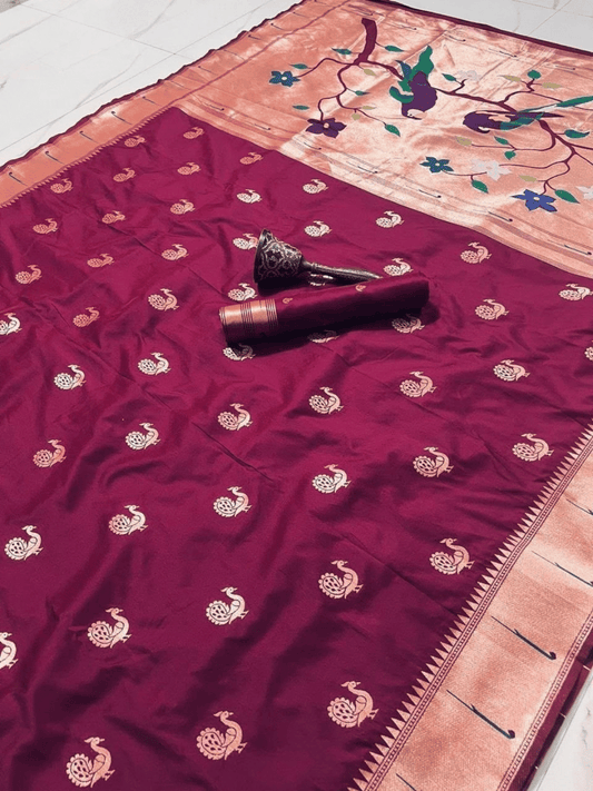 Traditional Paithani Semi Silk Saree | Red