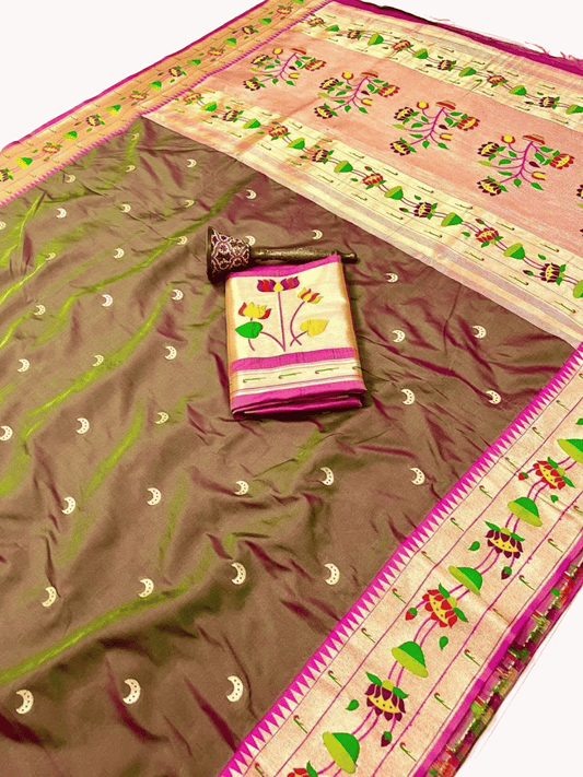 Traditional Paithani Semi Silk Saree | Brown