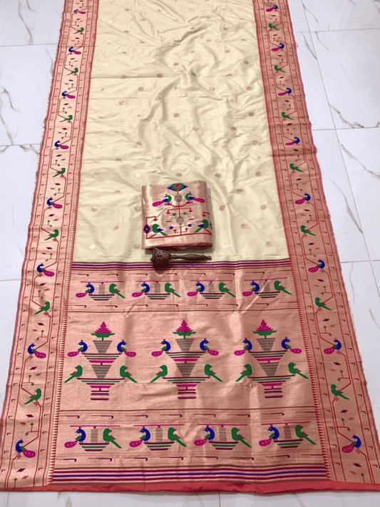 Traditional Paithani Semi Silk Saree | Beige