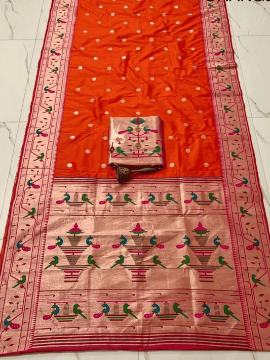 Traditional Paithani Semi Silk Saree | Orange