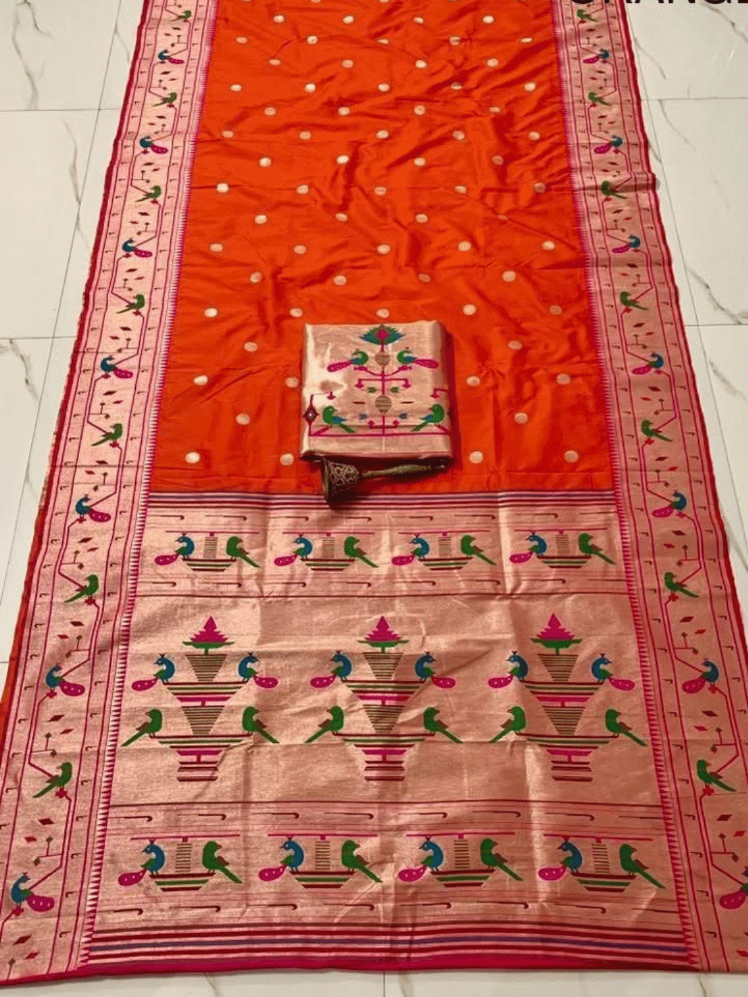 Traditional Paithani Semi Silk Saree | Orange
