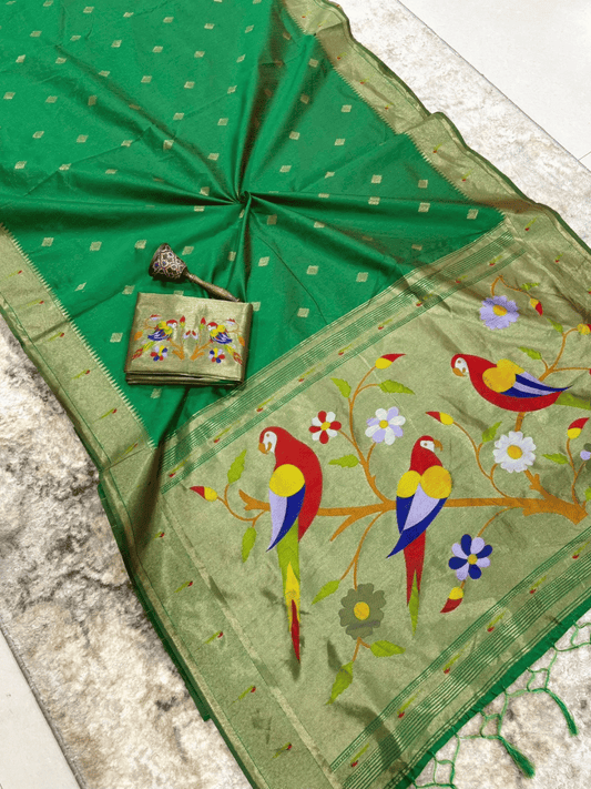 Traditional Paithani Semi Silk Saree | Green