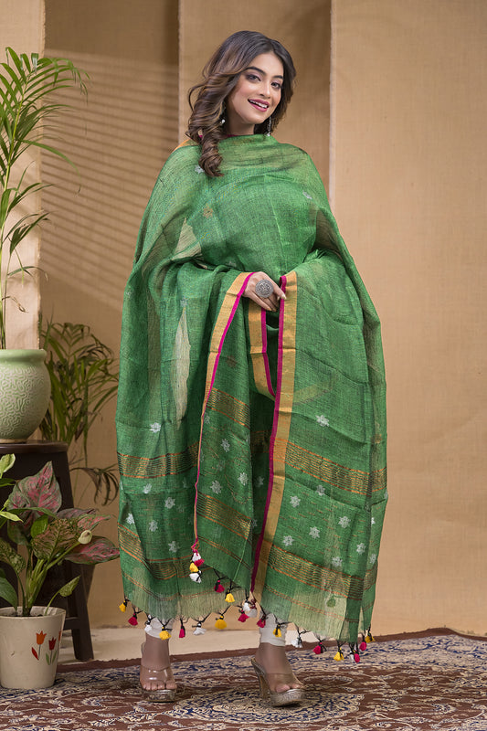 Verdant Jade | Handloom Jamdani Muslin Unstitched 2-Piece Kurti