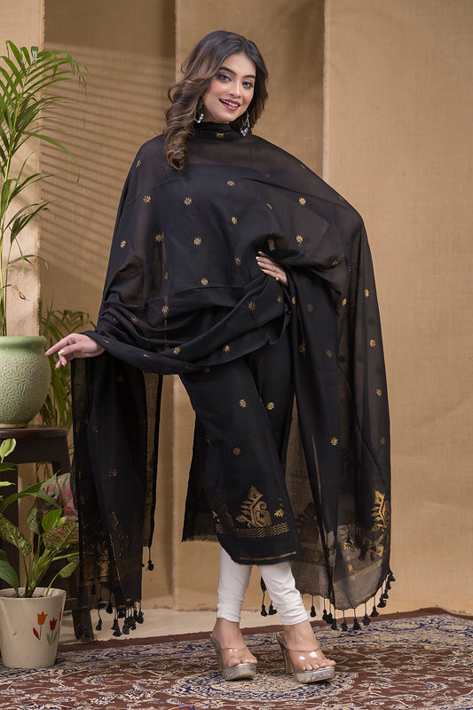 Deep Black | Handloom Jamdani Cotton Unstitched 2-Piece Kurti | Meenakari Design